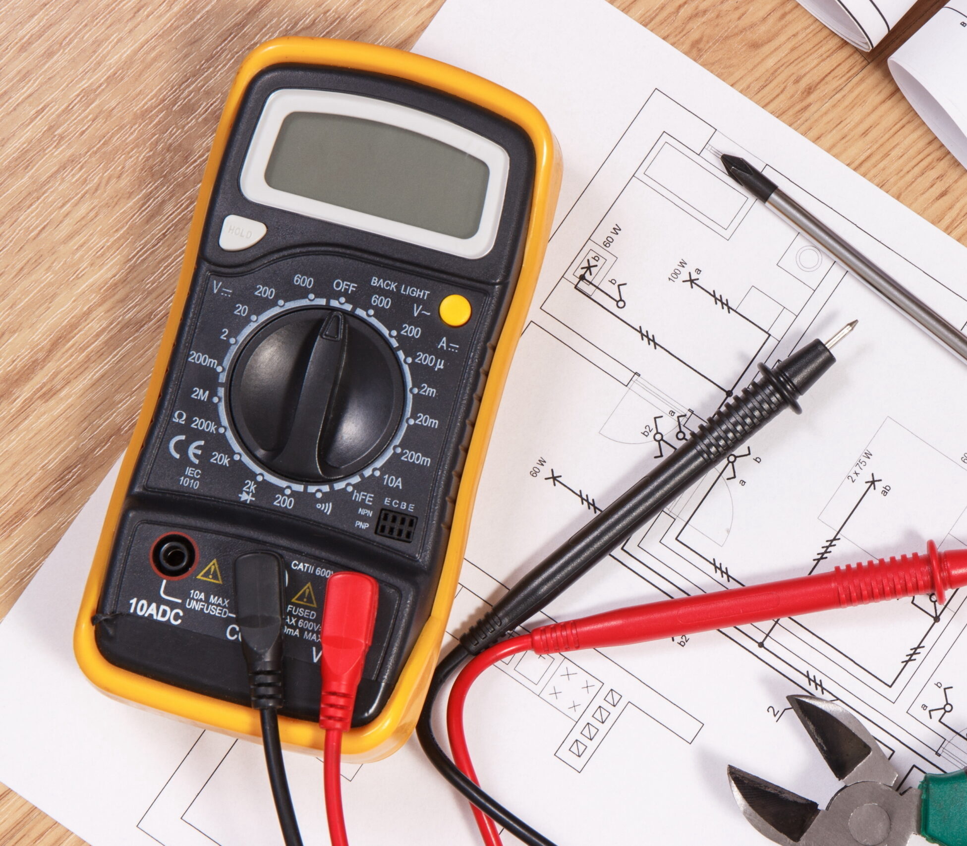 Electrical,Construction,Blueprint,,Drawings,Or,Diagrams,,Multimeter,For,Measurement,In